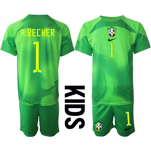 Dječji Nogometni Dres Brazil Alisson Becker #1 Golmanski Gostujuci SP 2022 Kratak Rukav (+ Kratke hlače)